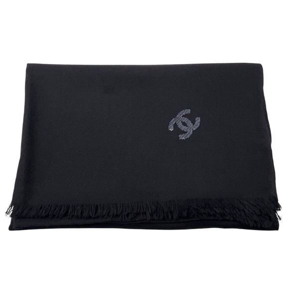 CHANEL BLACK SEQUINED CC LOGO FRINGED CASHMERE SCARF - Picture 1 of 8